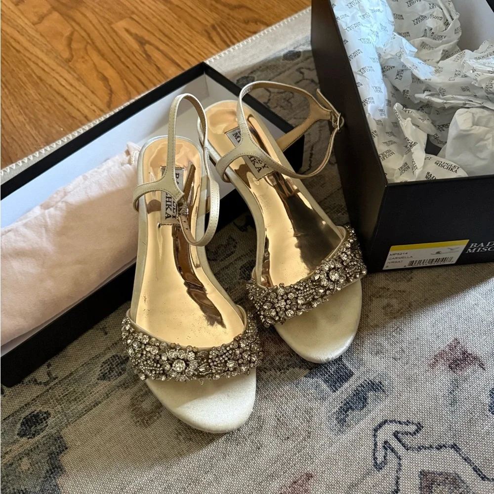 Badgley Mischka Pearl Gold Jeweled Ankle-Strap Sandals